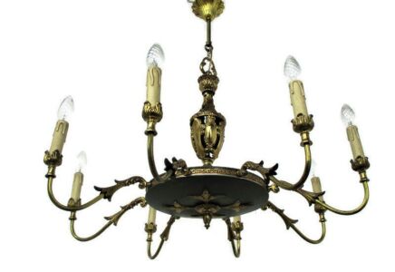 French Empire Pan Chandelier Green Tole 8 arms Lights Snakes HTF Vintage