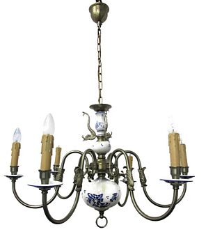Delft Blue White Porcelain Ornate Brass Chandelier Dutch 6 Arms 6 Lights Fish