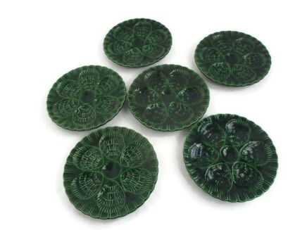 Set of 6 French Oyster Plates Porcelain Faience Majolica Green Glazed Vintage
