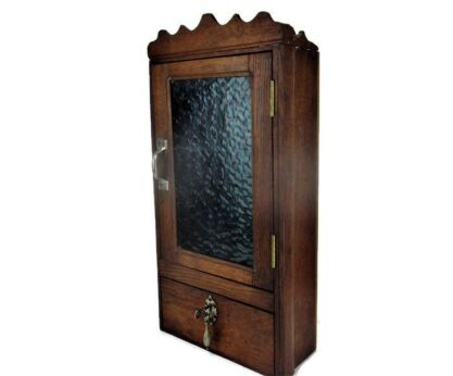 hand Carved Wood Medicine Apothecary Display Cabinet Blue Bubbled glass Door Gorgeous 1920s