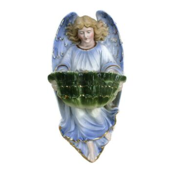 L French Holy Water Font Angel Hand Painted Bisque Porcelain Collector HTF 8.85"
