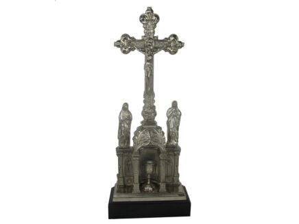 Standing Crucifix Cross Saint John Saint Mary Chalice Cathedral Spelter on Wooden Base
