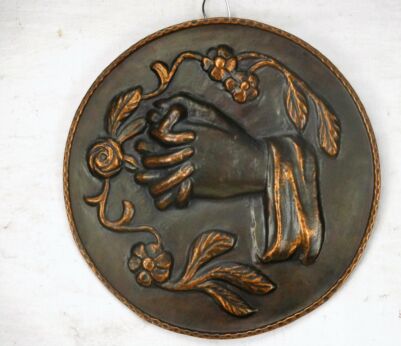 Religious Red Copper Hammered Wall Plate Decorative Praying Hands Lovely 12.59"