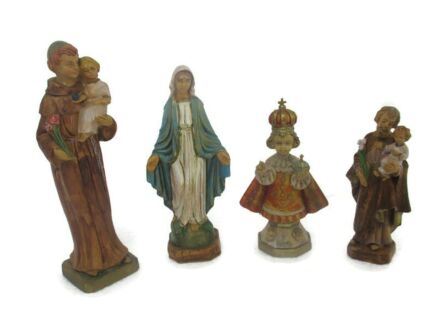 Small set of 4  Statues  Figurines   Sacred heart Virgin Mary Jesus of Prague Anthony  Saint Joseph Hard Plastic Italy