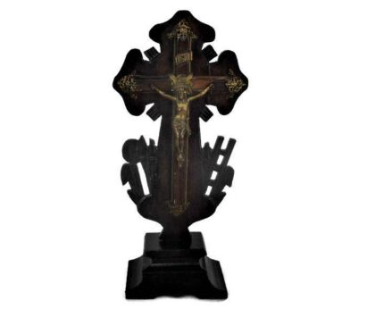 Carved Wood Jesus Christ Table Standing Crucifix Spelter Corpus tools of Passion