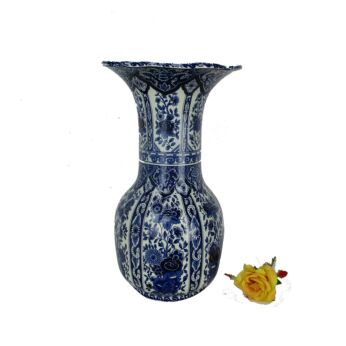 Vintage Royal Sphinx Maastricht Delft Trumpet Vase Marked Blue White Flowers