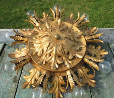 Hollywood Regency Ceiling Lamp Fixture Gold gilt Koegel Palmtree Leaves 9 lights