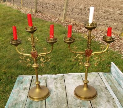 Couple Antique Brass Ornate 3 Arm Candle Holders Candelabra Church Shield