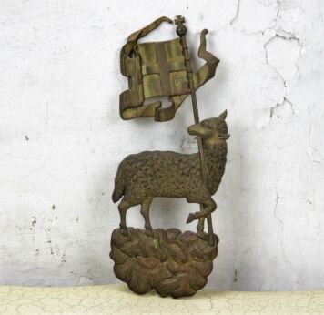 Antique Brass Ornate plaque Lamb of God Agnus Dei Banner 19th C 11.41"