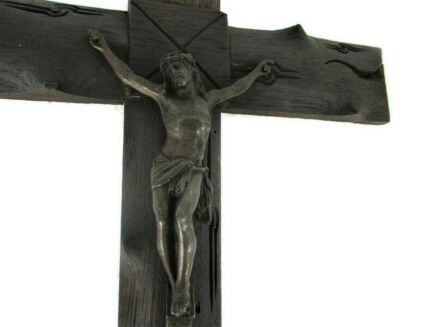 Hand Carved Wood  Hanging Crucifix Cross Jesus Christ Beautiful Bronze  Corpus  21.25"