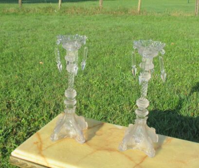 Antique pair couple glass Candlestick Holders Cut Prisms Fish twisted Glass