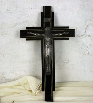 Modernist Wood Hanging Crucifix Cross Jesus Christ Spelter Inlay Style HTF 15.7"