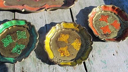 Italian Mid Century Hollywood Regency Florentine 6 coasters and Orange Tray