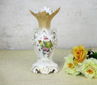 Antique Vieux Paris Porcelain Fan Flair Bridal Vase Hand Painted Flowers 8.26"