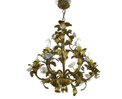 Regency Chandelier 6 arm Lights Ornate Brass Leafs Porcelain Flowers Italian
