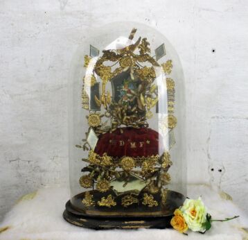 Antique Victorian French Bridal Wedding Dome Gilt leaves Ormolu Hand Painted
