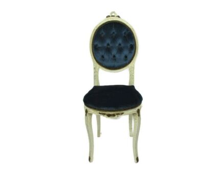 Vintage Lounge Chair Fauteuil French Provincial style Carved Wood Blue Velvet Brass trims