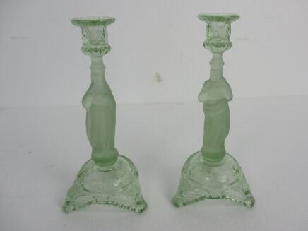 Couple Green Depression Glass Vintage Candle Holders Jesus Christ Madonna HTF