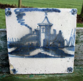 Antique 19th C. Delft  Tile Dutch Blue White Landscape Church