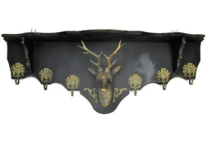 Vintage Wooden Coat Hat Rack Copper Deer Head Hunter Style Shield Angels HTF
