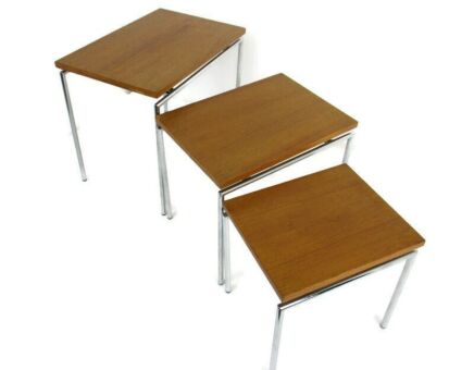 Vintage set of 3 Wooden Nesting Side Stacking Tables Wood Chrome Modernist
