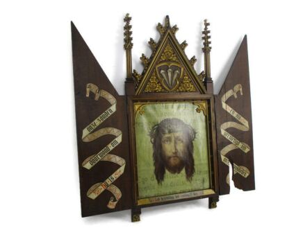 19th C French Oak Wall altar Hand Painted Veil of St Veronica Devotion Holy Face