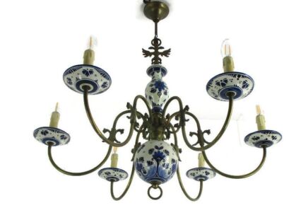 Dutch Delft Blue White Chandelier Porcelain Ornate Brass 6 Lights Arm Farmhouse