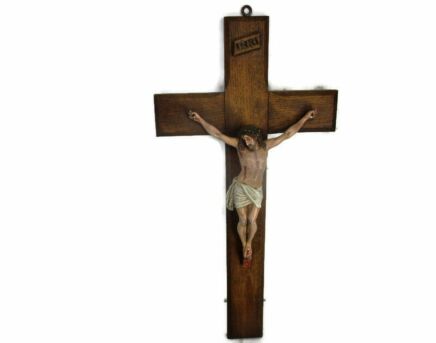 Gorgeous Oak Hanging Crucifix Jesus Christ Plaster Sculpture Corpus Crucifixion