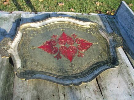Italian Mid Century Hollywood Regency Florentine Oval Gold Red Serving Tray