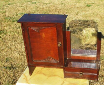 Vintage French Carved Wood Medicine Wall Cabinet Apothecary Drawer Mirror hooks