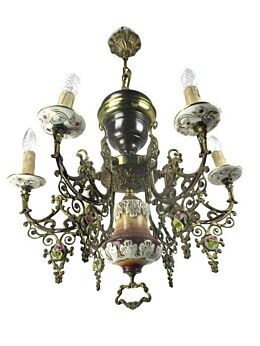 Ceramic Porcelain Brass Chandelier Ornate 6 arm Lights Flowers Gorgeous
