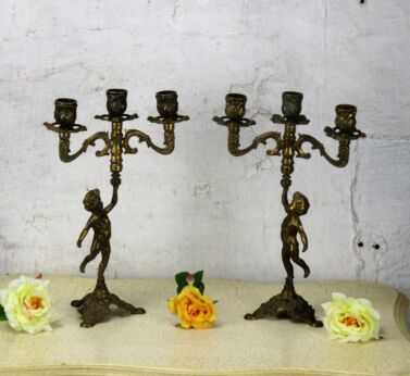 Couple Vintage Brass Ornate 3 Arm Candle Holder Candelabra Putti Cherub Eros