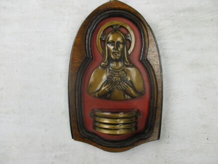 Art Deco Wall Holy Water Font Vessel Jesus Christ Wood Brass 1920s