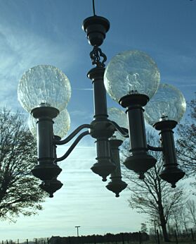 Vintage Brass Chandelier 5 Amber crackeled Glass Globe Shades