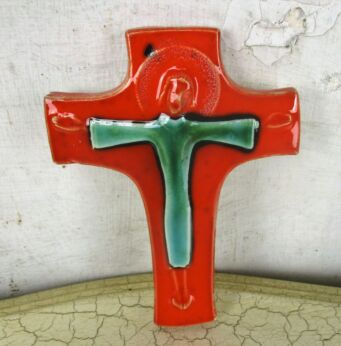 Small Mid Century Modern Ceramic Modernist Crucifix Orange Era Amphora Perignem