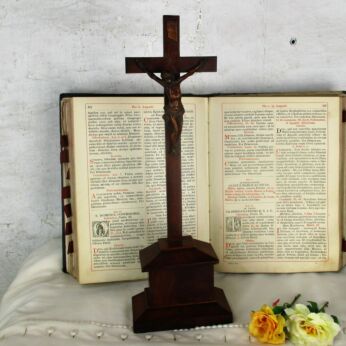 Antique Standing Crucifix Cross Church Altar Jesus Christ Hand Carved Wood 18.5"