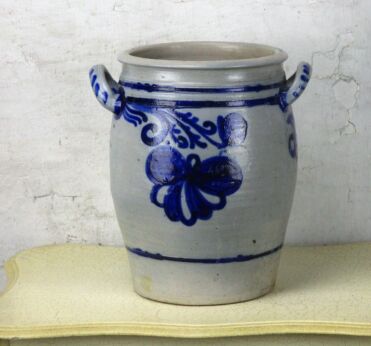 Large Antique French Stoneware Earthenware Crock Jar Lard Cobalt gray Decoration