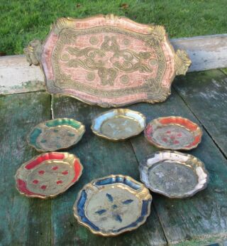 Italian Mid Century Hollywood Regency Florentine 6 coasters Pink Tray gold gilt
