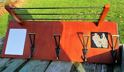 Vintage Mid Century Teak Coat Hat Rack 1950's Tile Retro Mirror 4 hooks