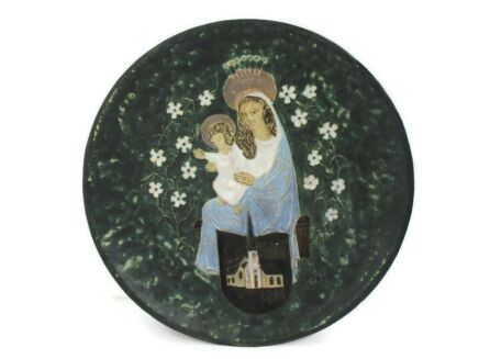 Charger Plate Plaque Virgin Mary Infant Child Jesus Madonna Hand Painted Gorgeous Marked Wall Hanging