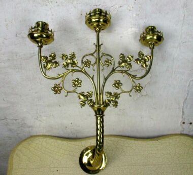 Triple Wall Candle Holder Neo Gothic Brass Metal Religious Church Candelabra HTF
