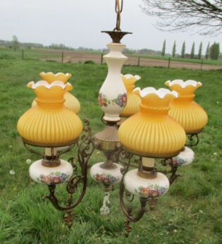 Vintage Porcelain Chandelier Light Lamp yellow Opaline Shades Caged Glass