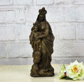 Statue Virgin Mary Infant Child Crowned Holy Mother Spelter Gold Paint 11.41"