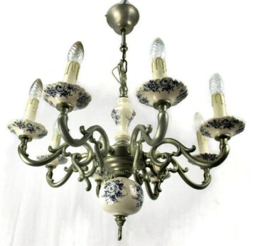 Vintage Delft Blue White Porcelain Pewter Chandelier Dutch 8 Arms Light Romantic