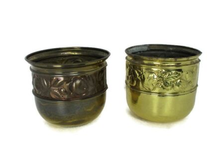 Two Vintage Brass Planters Jardinieres flower pots Ornate Embossed Beautiful two toned
