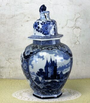 Antique HTF Delft Vase Urn Marked Blue White Foo Dog Lion Landscape 17.32"