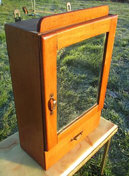 Vintage French Beech Wood medicine kitchen Wall Cabinet Beveled Glass Mirror Apothecary