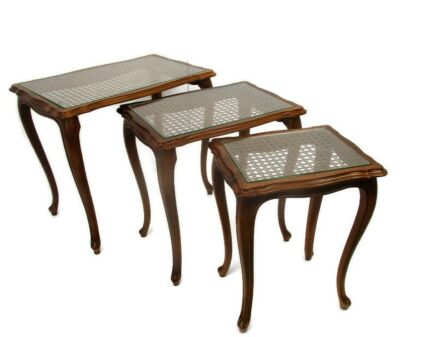 Vintage set of 3 Wooden Nesting Side Tables Cane Rush Glass Table Tops Modernist