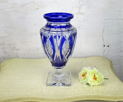 Val St Lambert Art Glass Crystal Jupiter Iconic Vase Etched Signed Cobalt Blue