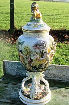 Vintage Urn LIdded Vase Marked Italy Capodimonte Putti LIon Beautiful